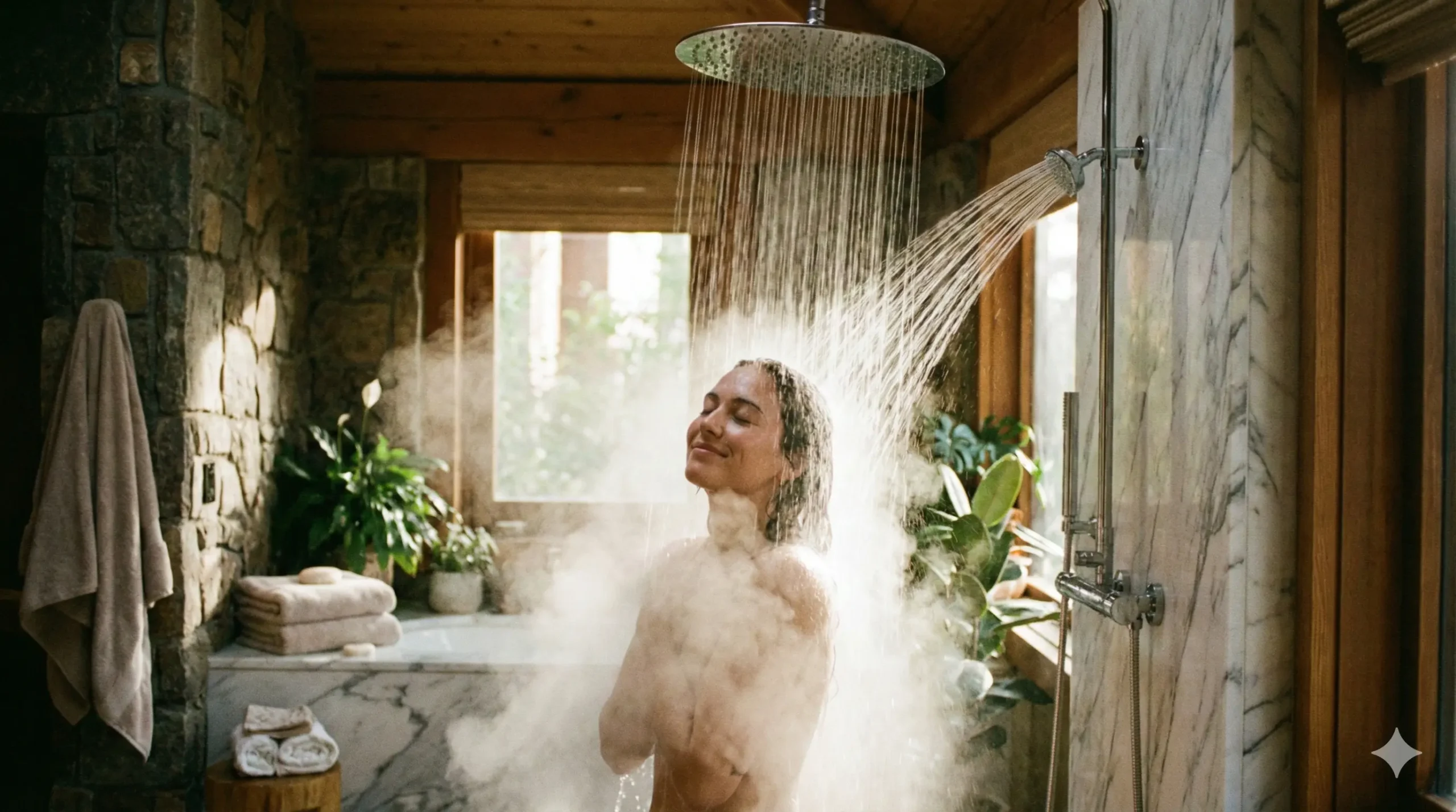 Mulher relaxando em um banho com chuveiro de jato forte e alta temperatura.