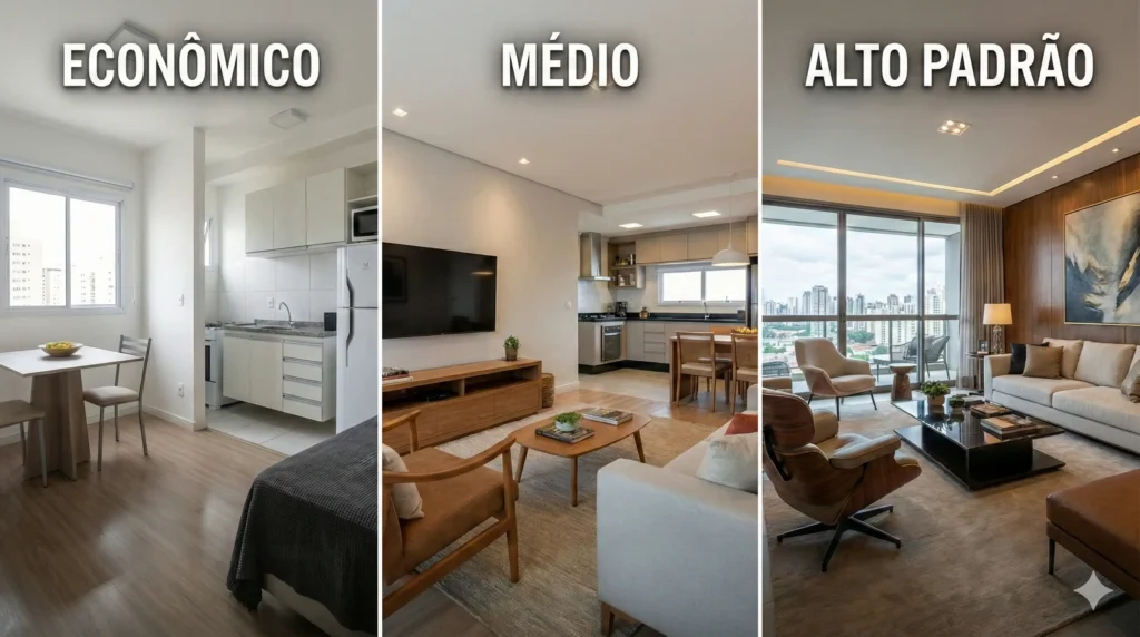 Comparativo padrões de acabamento construção civil economico medio alto luxo.