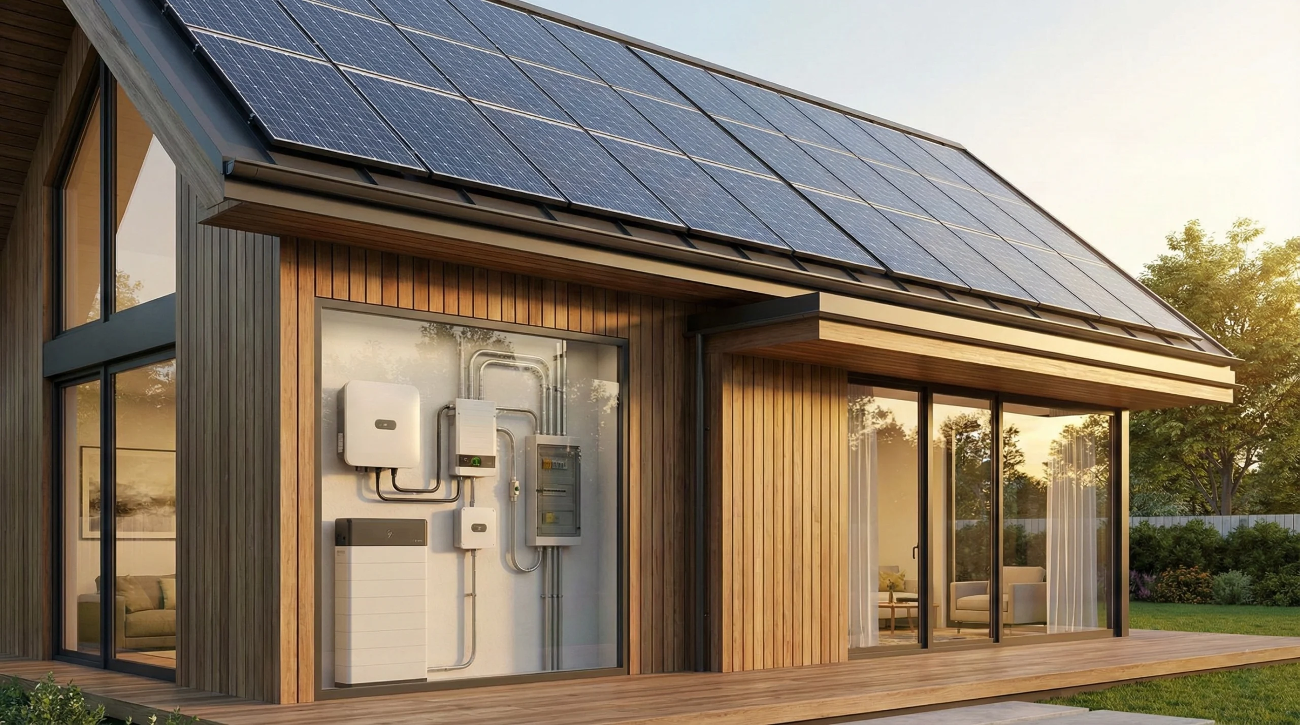 Casa moderna com painéis solares no telhado e sistema de automação residencial inteligente.